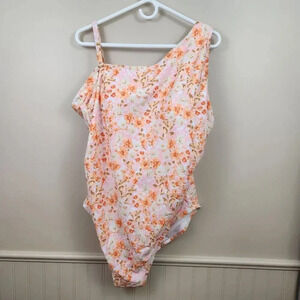 KONA SOL Women's Swim Suit Adjustable Strap Orange‎ Pink Flowers SZ 24W Modest